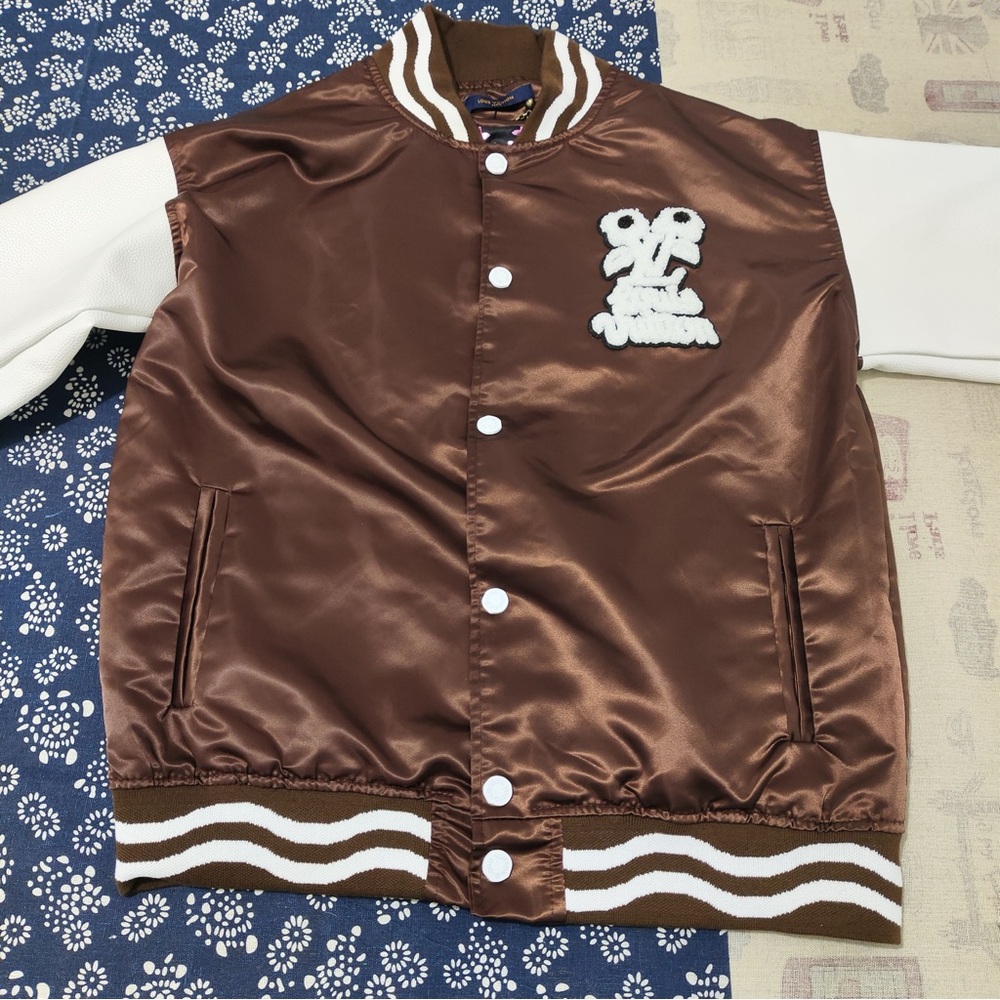 Louis Vuitton Brown and White Satin Faux Leather Baseball Jacket